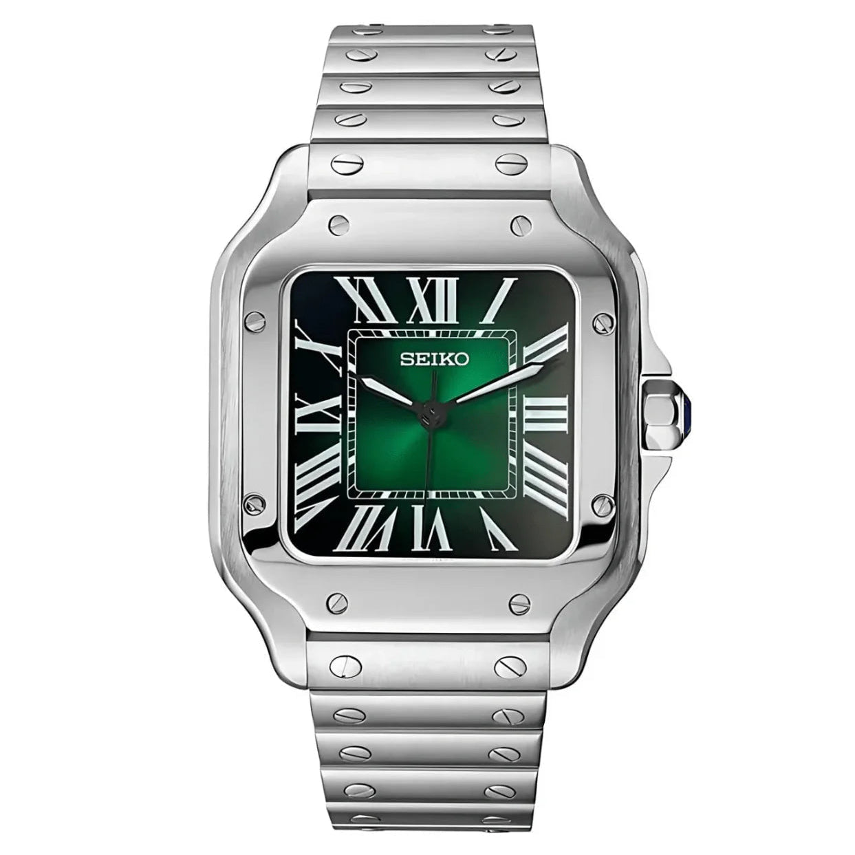 Seiko Mod Santos — acero, dial verde sunburst con números romanos blancos
