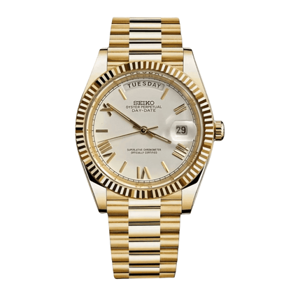 Seiko Mod Day-Date “President” — Full Gold / dial plateado con números romanos