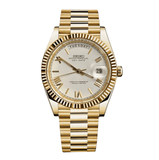 Seiko Mod Day-Date “President” — Full Gold / dial plateado con números romanos