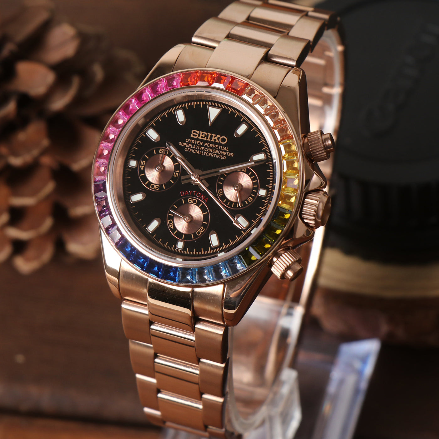 Seiko Mod Daytona “Rainbow” — Rose Gold / dial negro con subdiales oro rosa