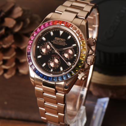 Seiko Mod Daytona “Rainbow” — Rose Gold / dial negro con subdiales oro rosa