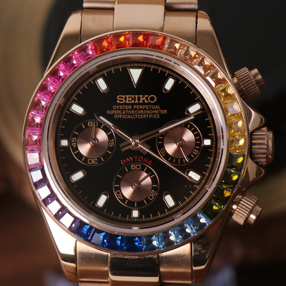Seiko Mod Daytona “Rainbow” — Rose Gold / dial negro con subdiales oro rosa